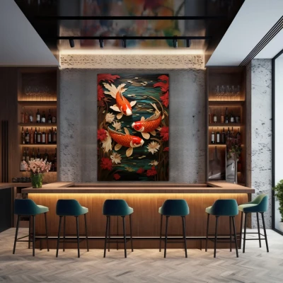 Wall Art titled: The Good Fortune in a  format with: Orange, Red, and Green Colors; Decoration the Bar wall