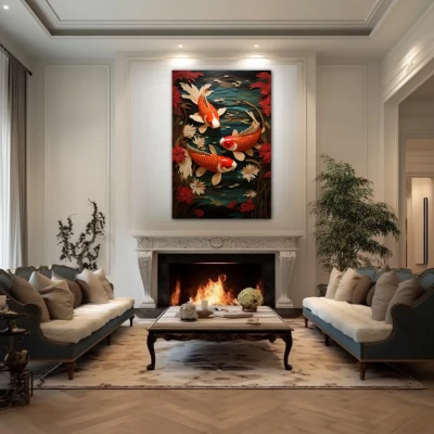 Wall Art titled: The Good Fortune in a  format with: Orange, Red, and Green Colors; Decoration the Fireplace wall