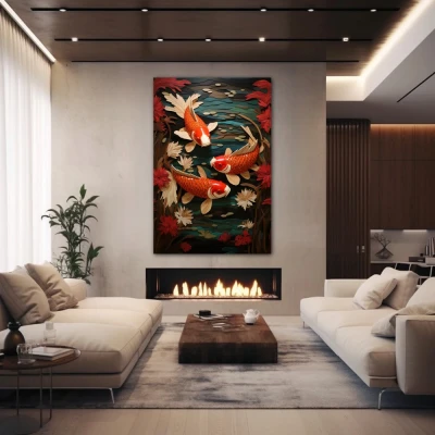 Wall Art titled: The Good Fortune in a Vertical format with: Orange, Red, and Green Colors; Decoration the Fireplace wall