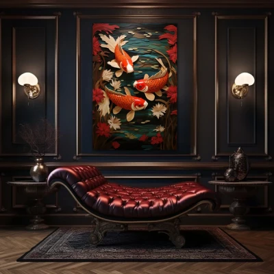 Wall Art titled: The Good Fortune in a  format with: Orange, Red, and Green Colors; Decoration the Above Couch wall