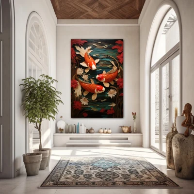 Wall Art titled: The Good Fortune in a  format with: Orange, Red, and Green Colors; Decoration the Entryway wall