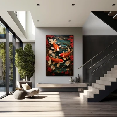 Wall Art titled: The Good Fortune in a  format with: Orange, Red, and Green Colors; Decoration the Staircase wall