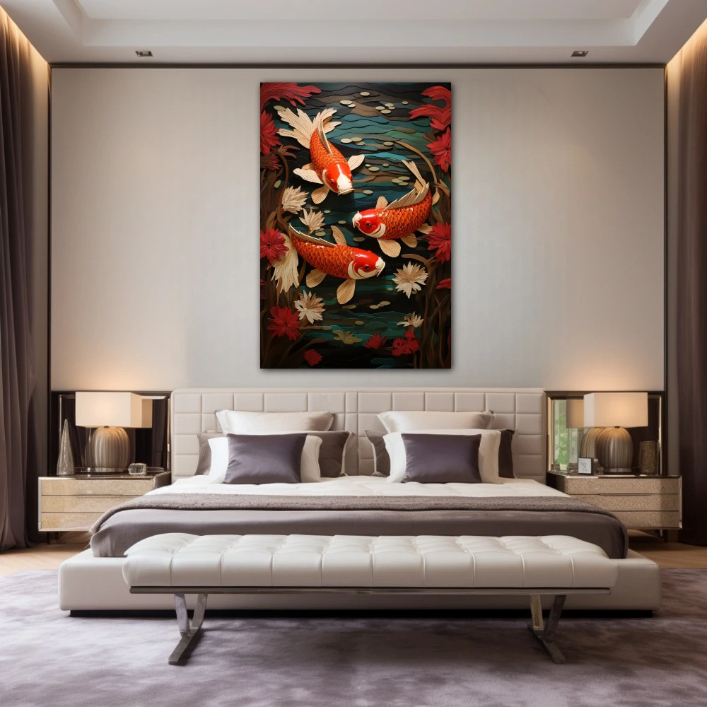 Wall Art titled: The Good Fortune in a Vertical format with: Orange, Red, and Green Colors; Decoration the Bedroom wall
