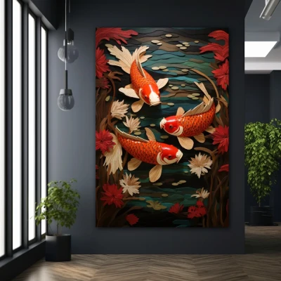 Wall Art titled: The Good Fortune in a  format with: Orange, Red, and Green Colors; Decoration the Black Walls wall