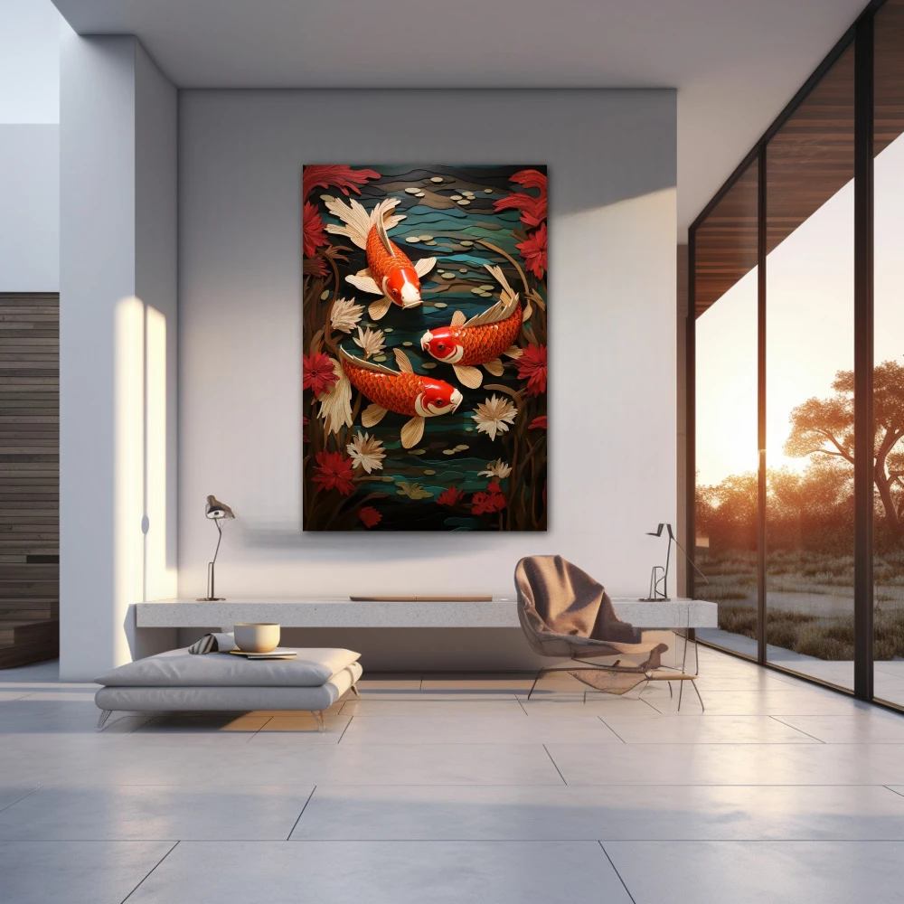 Wall Art titled: The Good Fortune in a Vertical format with: Orange, Red, and Green Colors; Decoration the Living Room wall