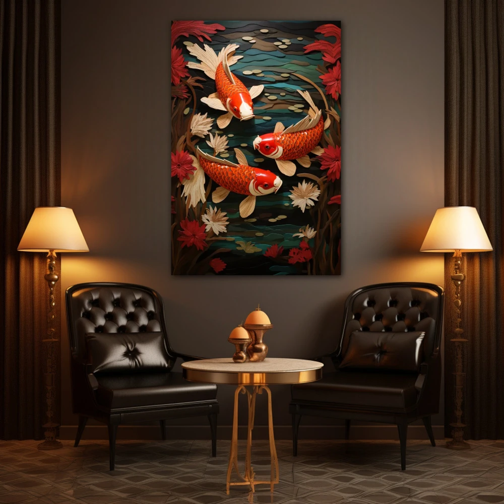 Wall Art titled: The Good Fortune in a Vertical format with: Orange, Red, and Green Colors; Decoration the Living Room wall