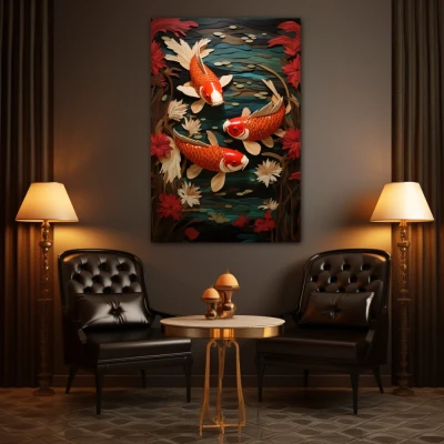 Wall Art titled: The Good Fortune in a  format with: Orange, Red, and Green Colors; Decoration the Living Room wall