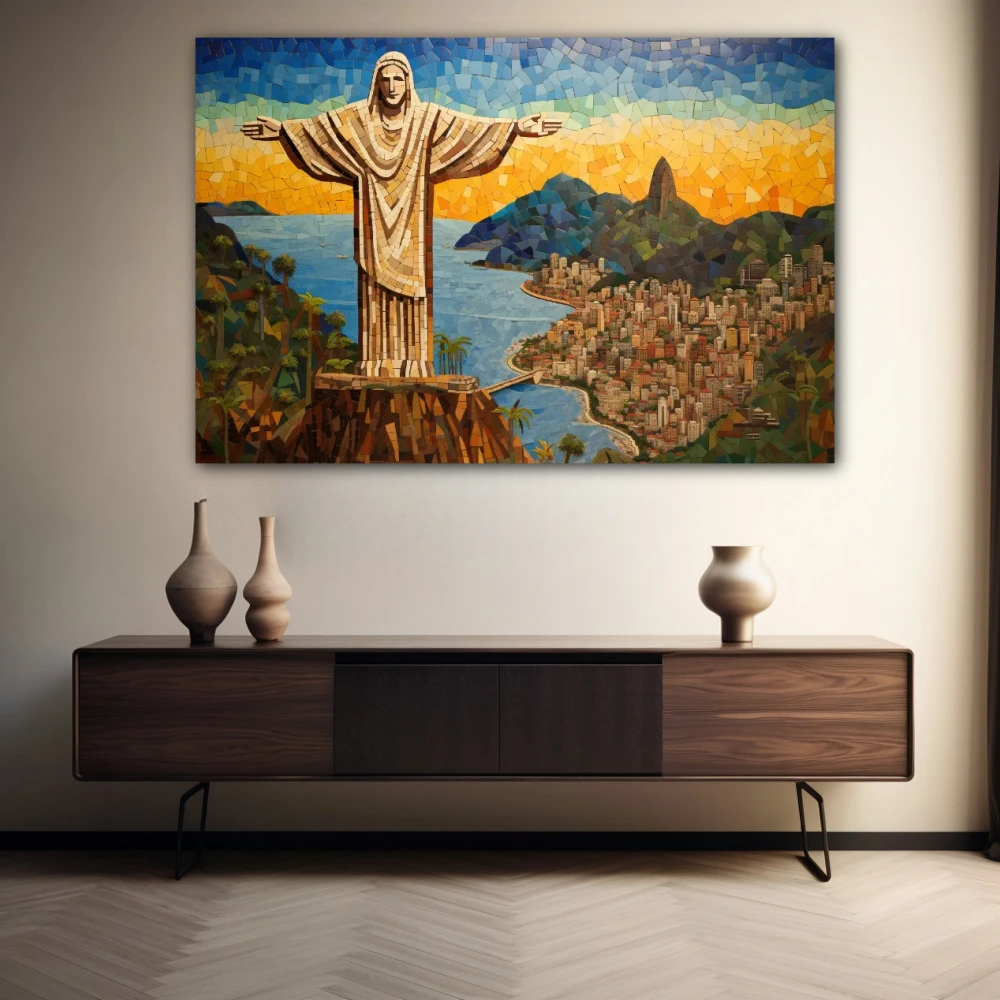 Wall Art titled: Rio de janeiro in a Horizontal format with: Yellow, Blue, and Green Colors; Decoration the Sideboard wall