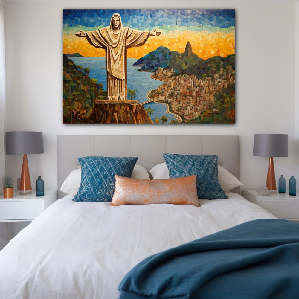 Wall Art titled: Rio de janeiro in a Horizontal format with: Yellow, Blue, and Green Colors; Decoration the Bedroom wall