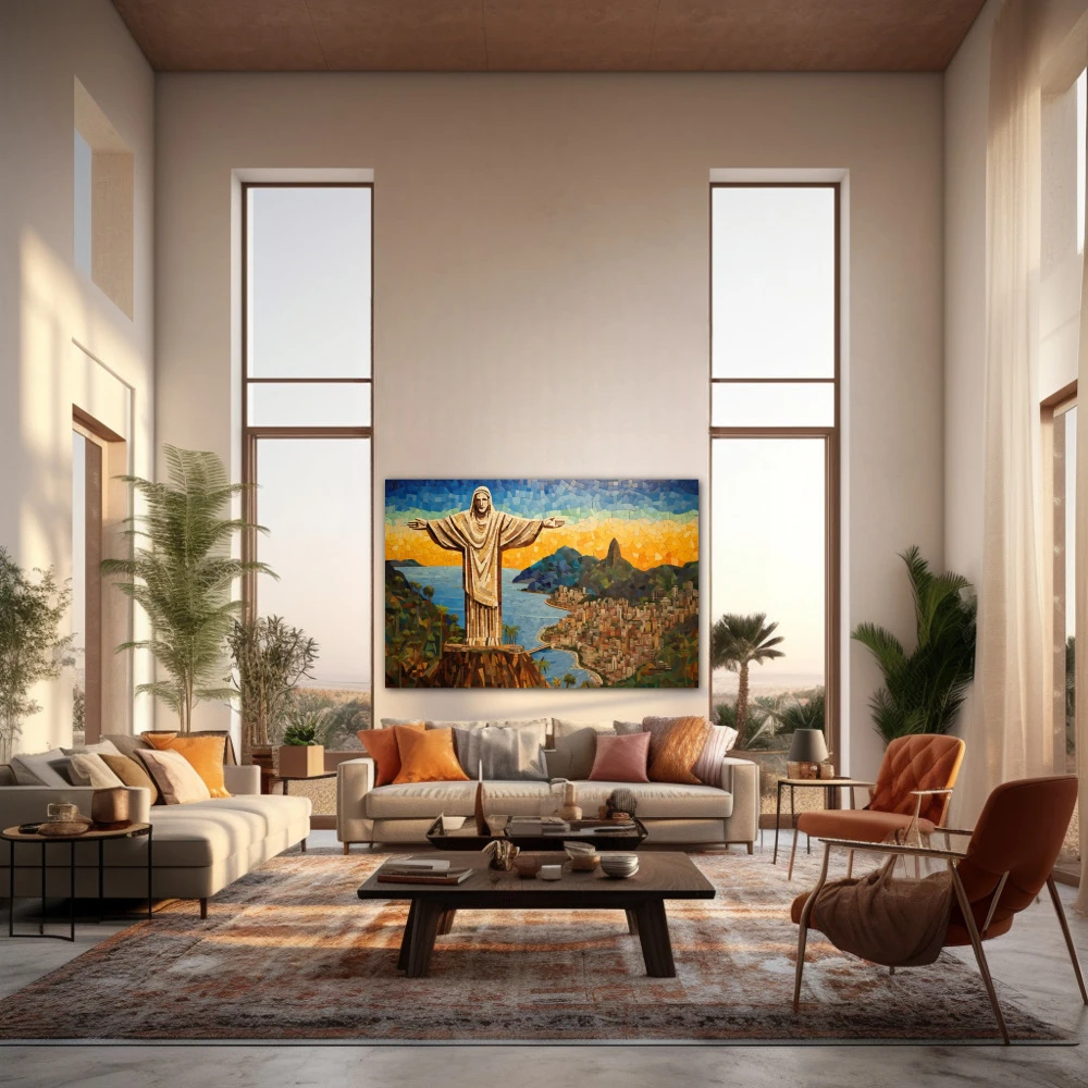 Wall Art titled: Rio de janeiro in a Horizontal format with: Yellow, Blue, and Green Colors; Decoration the Living Room wall