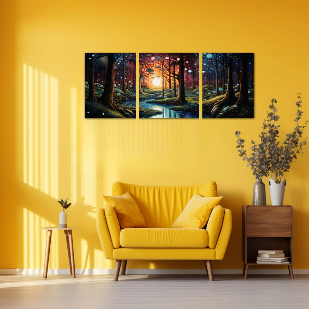 Wall Art titled: Symphony of Nature in a Elongated format with: Yellow, Blue, and Green Colors; Decoration the Yellow Walls wall