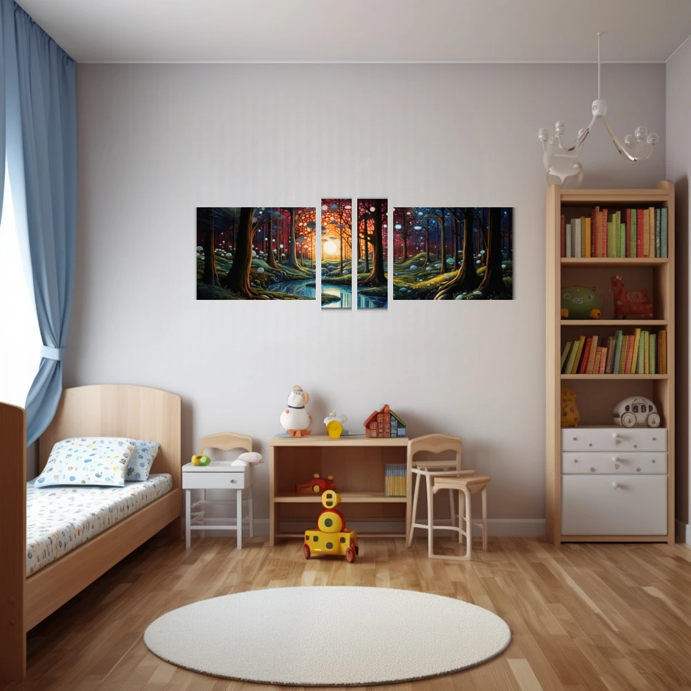 Cuadro sinfonía de la naturaleza en formato políptico con colores amarillo, azul, verde; decorando pared de dormitorio infantil
