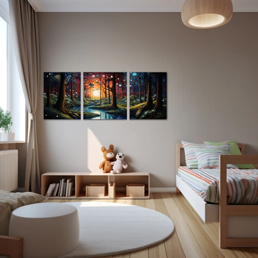 Wall Art titled: Symphony of Nature in a Elongated format with: Yellow, Blue, and Green Colors; Decoration the Nursery wall