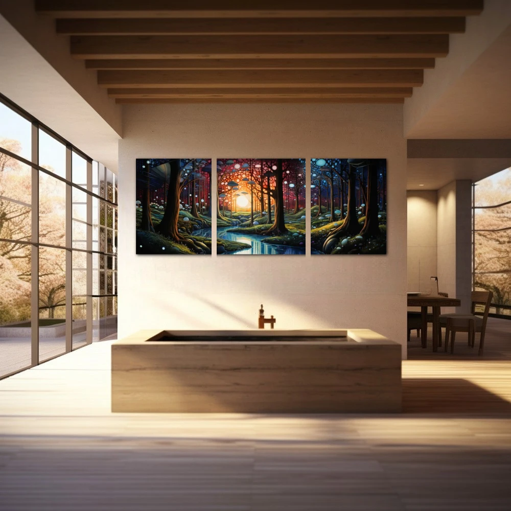 Wall Art titled: Symphony of Nature in a Elongated format with: Yellow, Blue, and Green Colors; Decoration the Wellbeing wall