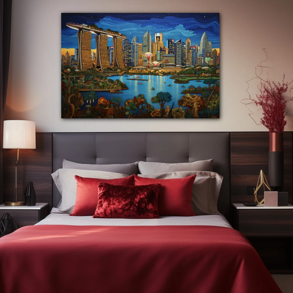 Cuadro majulah singapura en formato horizontal con colores azul, celeste, verde; decorando pared de habitación dormitorio