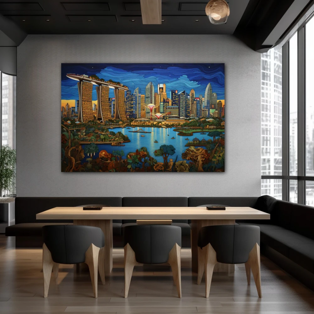 Wall Art titled: Majulah Singapura in a Horizontal format with: Blue, Sky blue, and Green Colors; Decoration the Restaurant wall
