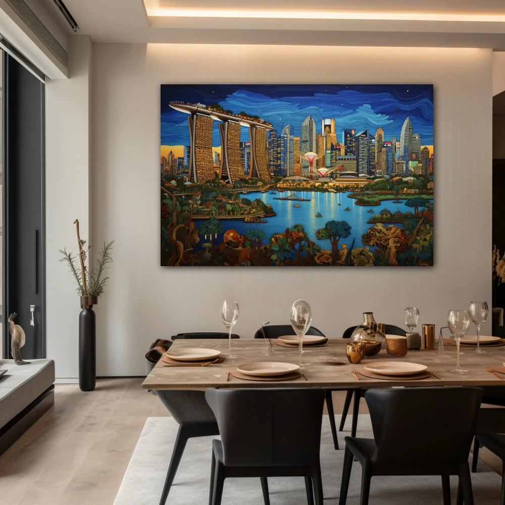Wall Art titled: Majulah Singapura in a Horizontal format with: Blue, Sky blue, and Green Colors; Decoration the Living Room wall