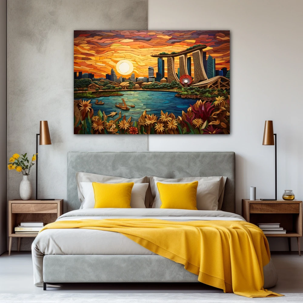 Cuadro adelante singapur en formato horizontal con colores amarillo, azul, morado; decorando pared de habitación dormitorio