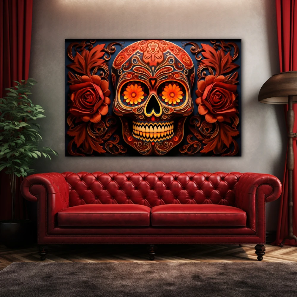 Cuadro calavera de azúcar roja en formato horizontal con colores naranja, rojo; decorando pared de encima del sofá