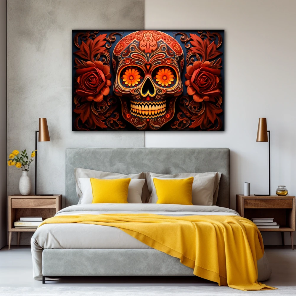 Wall Art titled: Red Sugar Skull in a Horizontal format with: Orange, and Red Colors; Decoration the Bedroom wall