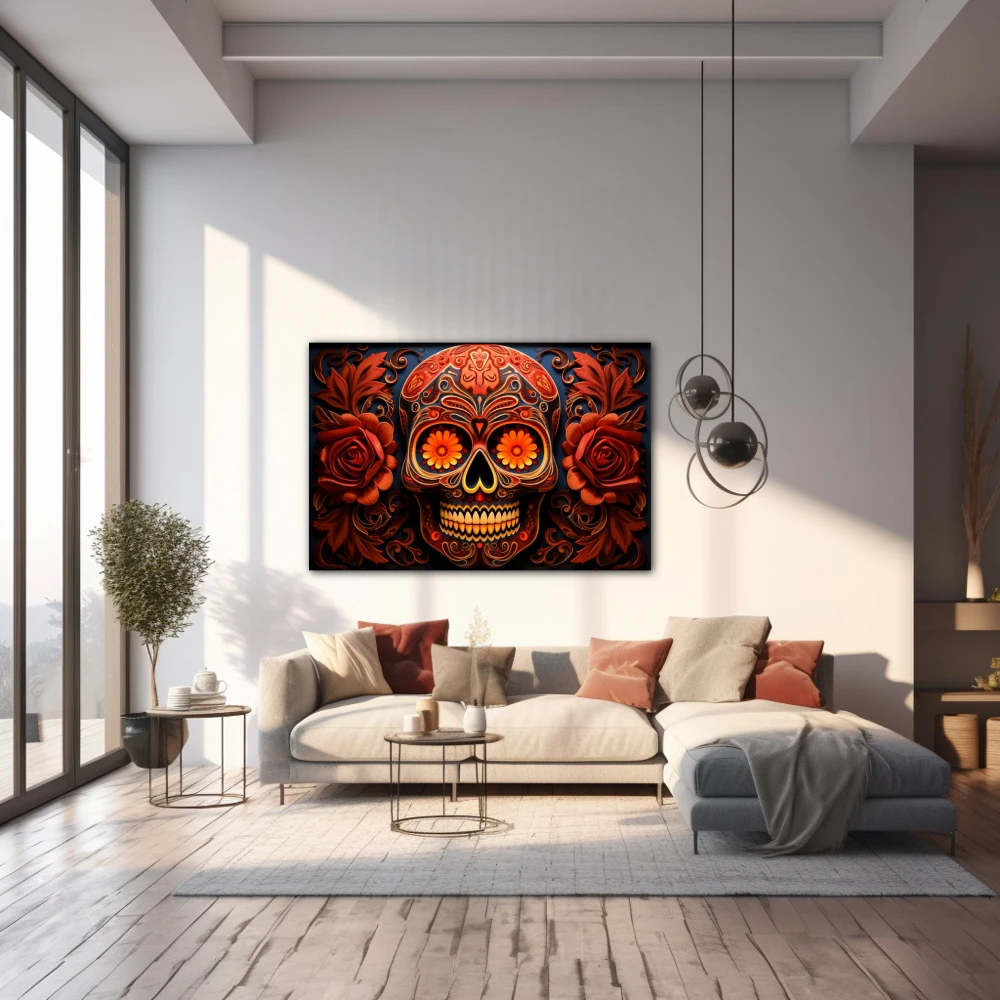 Wall Art titled: Red Sugar Skull in a Horizontal format with: Orange, and Red Colors; Decoration the Living Room wall