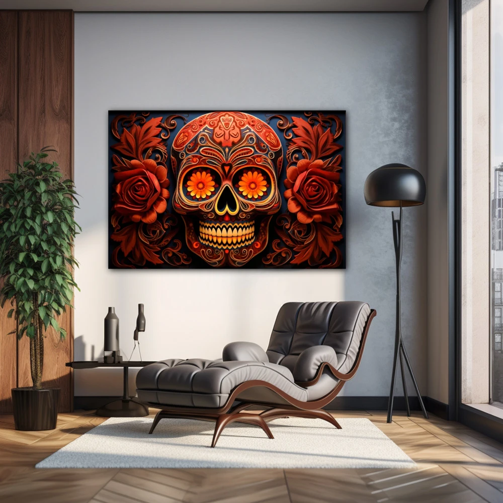Wall Art titled: Red Sugar Skull in a Horizontal format with: Orange, and Red Colors; Decoration the Living Room wall