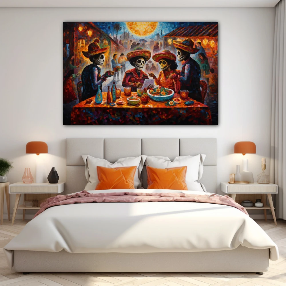 Wall Art titled: Death Learning to Live in a Horizontal format with: Blue, Orange, and Red Colors; Decoration the Bedroom wall