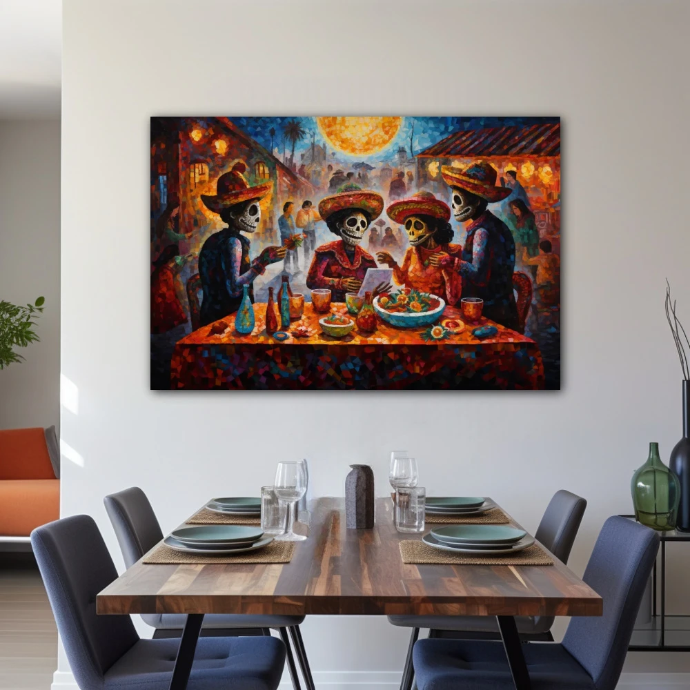 Wall Art titled: Death Learning to Live in a Horizontal format with: Blue, Orange, and Red Colors; Decoration the Living Room wall
