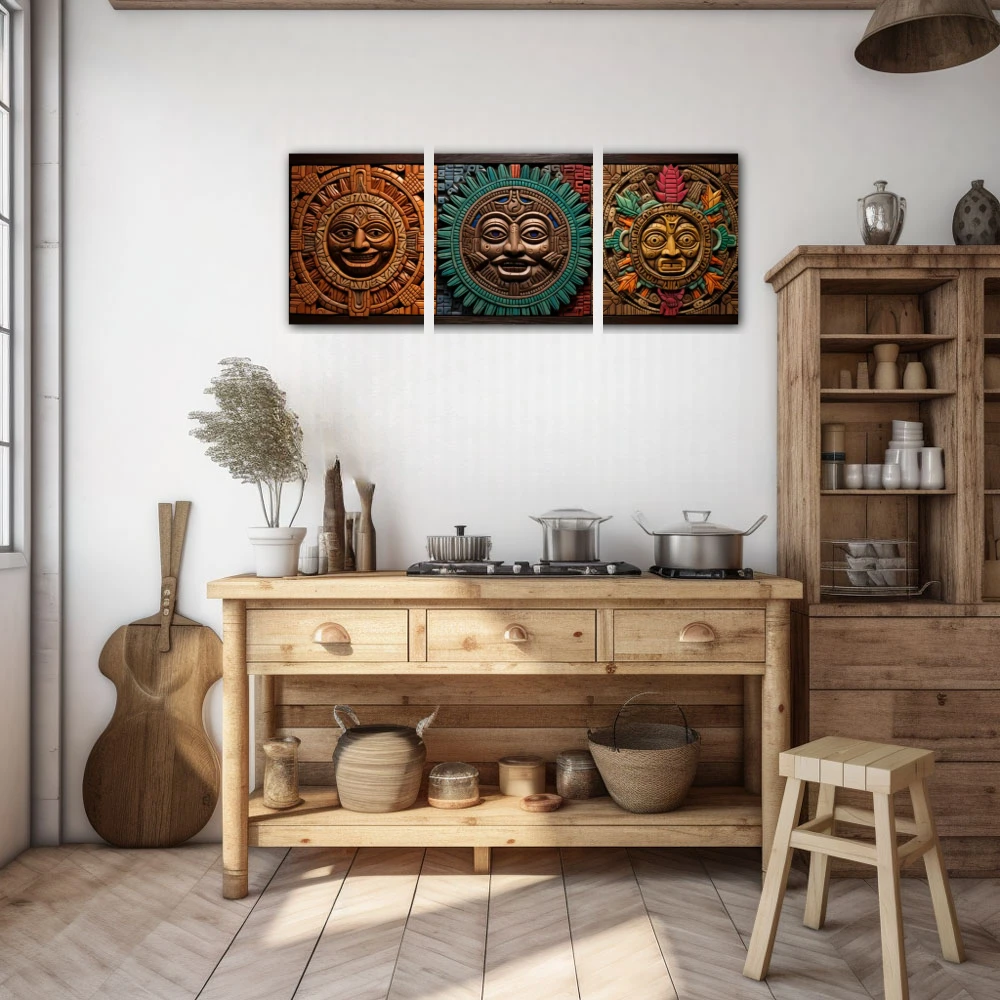 Wall Art titled: The Aztec Guardians in a Elongated format with: Grey, Brown, and Green Colors; Decoration the Kitchen wall