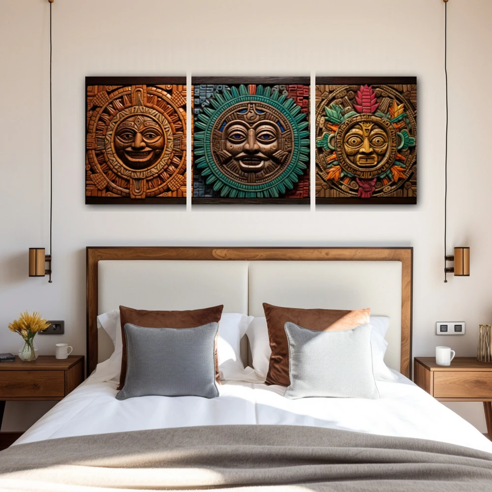 Cuadro los guardianes aztecas en formato políptico con colores gris, marrón, verde; decorando pared de habitación dormitorio