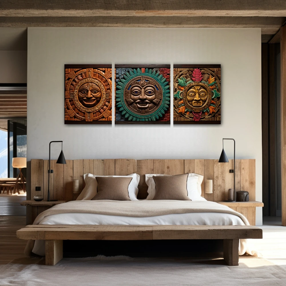 Wall Art titled: The Aztec Guardians in a Elongated format with: Grey, Brown, and Green Colors; Decoration the Bedroom wall