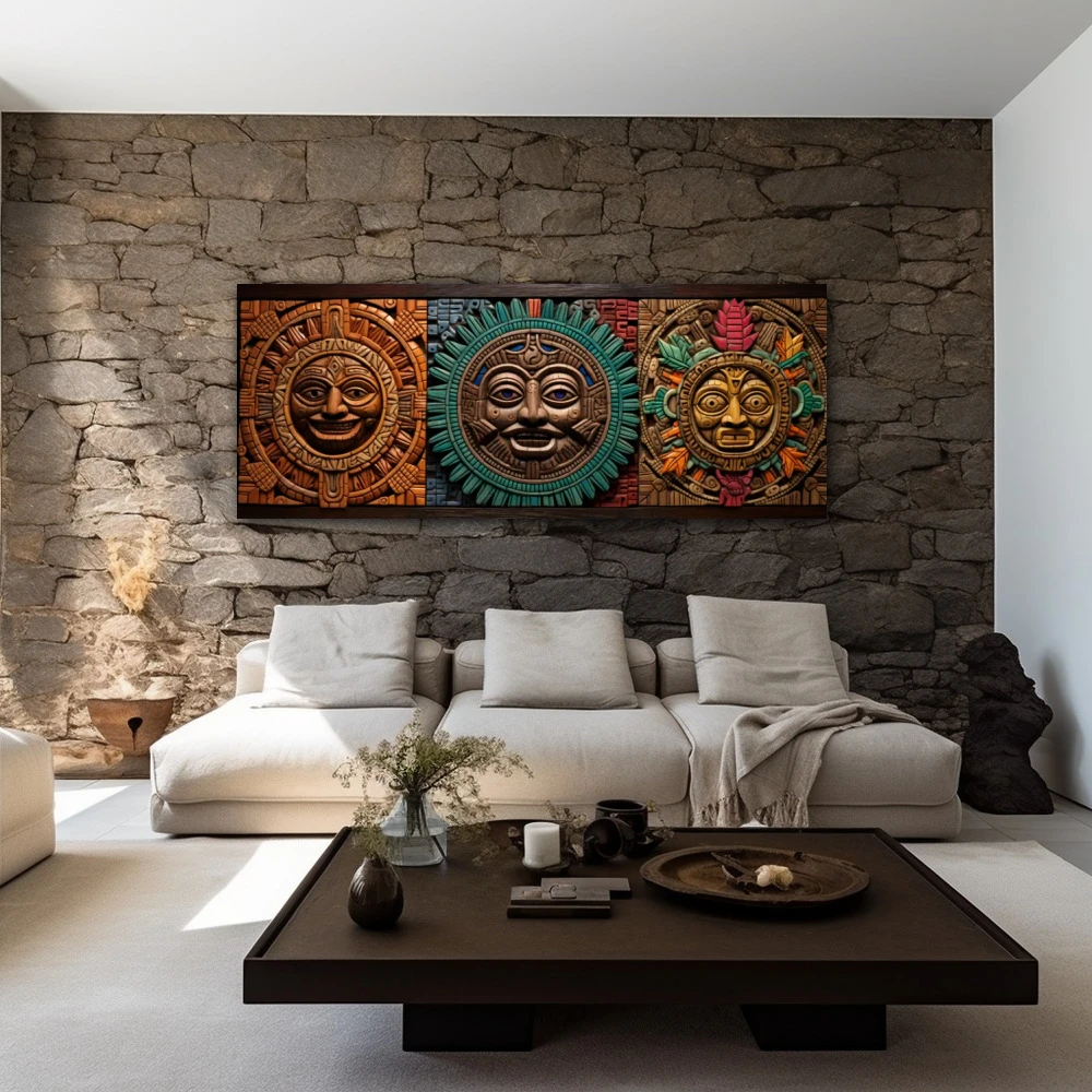 Cuadro los guardianes aztecas en formato apaisado con colores gris, marrón, verde; decorando pared piedra