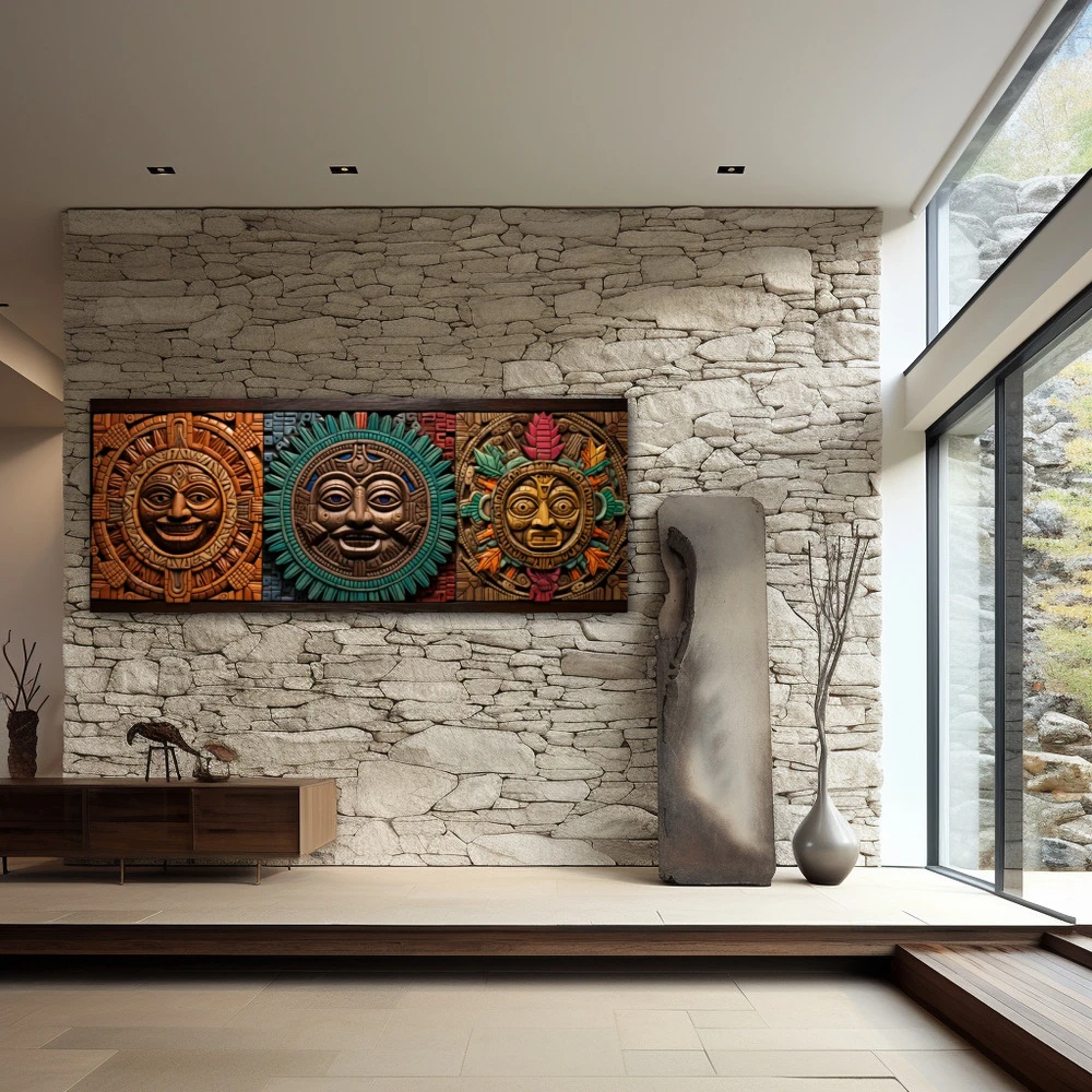 Cuadro los guardianes aztecas en formato apaisado con colores gris, marrón, verde; decorando pared piedra