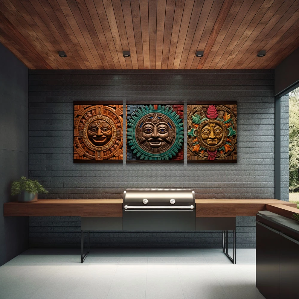 Wall Art titled: The Aztec Guardians in a Elongated format with: Grey, Brown, and Green Colors; Decoration the Quinchos wall