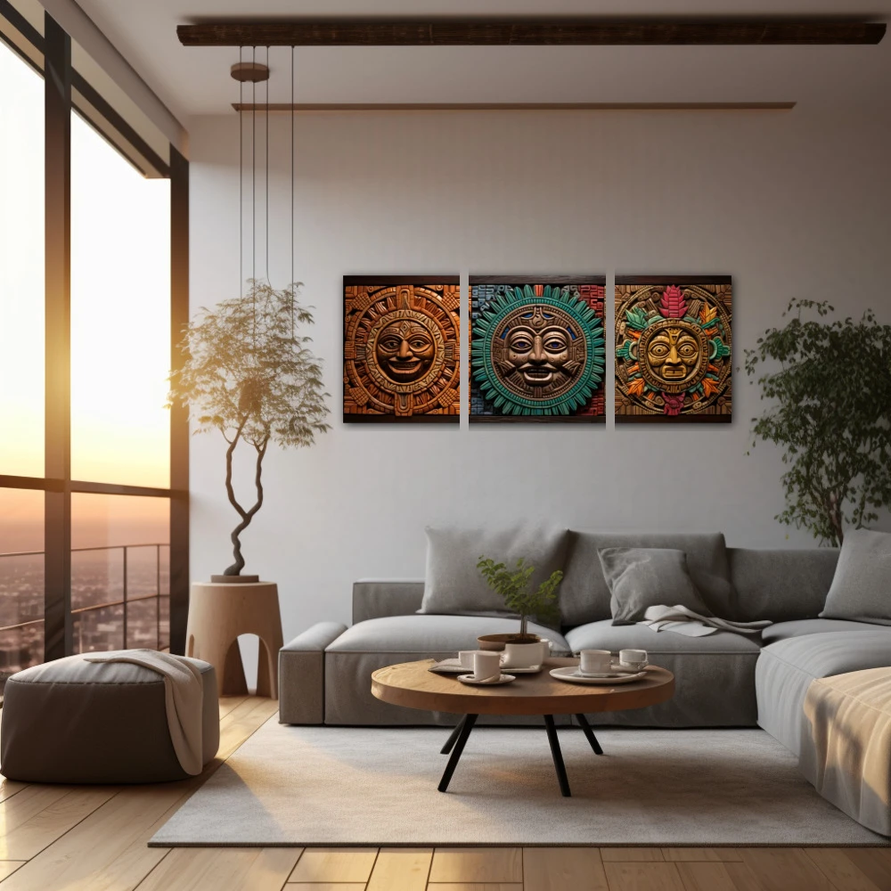 Wall Art titled: The Aztec Guardians in a Elongated format with: Grey, Brown, and Green Colors; Decoration the Living Room wall