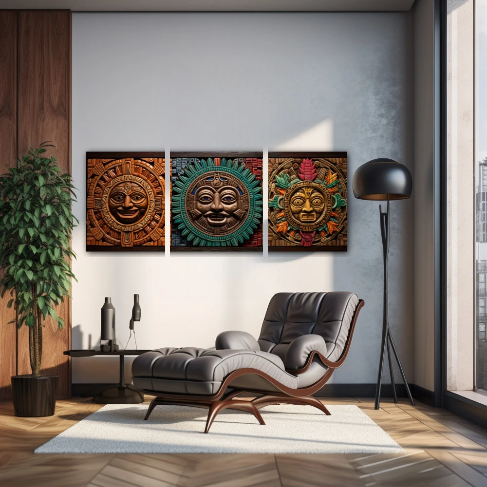 Cuadro los guardianes aztecas en formato políptico con colores gris, marrón, verde; decorando pared de salón comedor