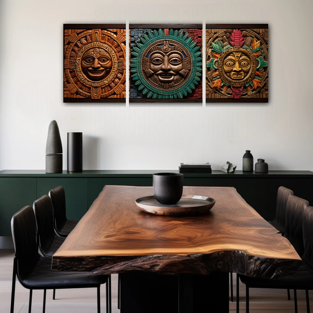 Cuadro los guardianes aztecas en formato políptico con colores gris, marrón, verde; decorando pared de salón comedor