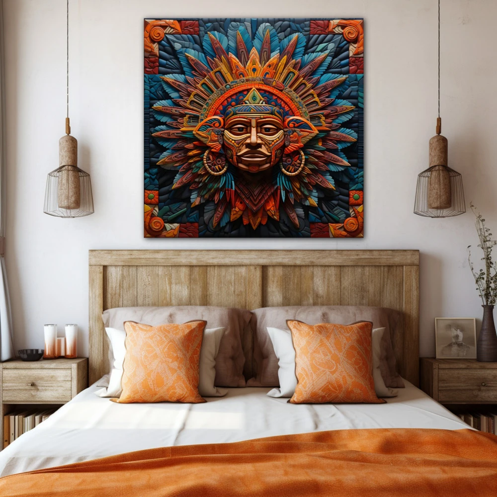 Wall Art titled: Xipe Totec in a Square format with: Blue, Purple, and Orange Colors; Decoration the Bedroom wall