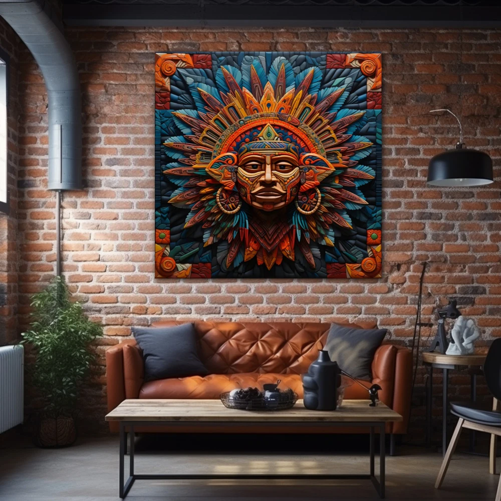 Wall Art titled: Xipe Totec in a Square format with: Blue, Purple, and Orange Colors; Decoration the Brick walls wall
