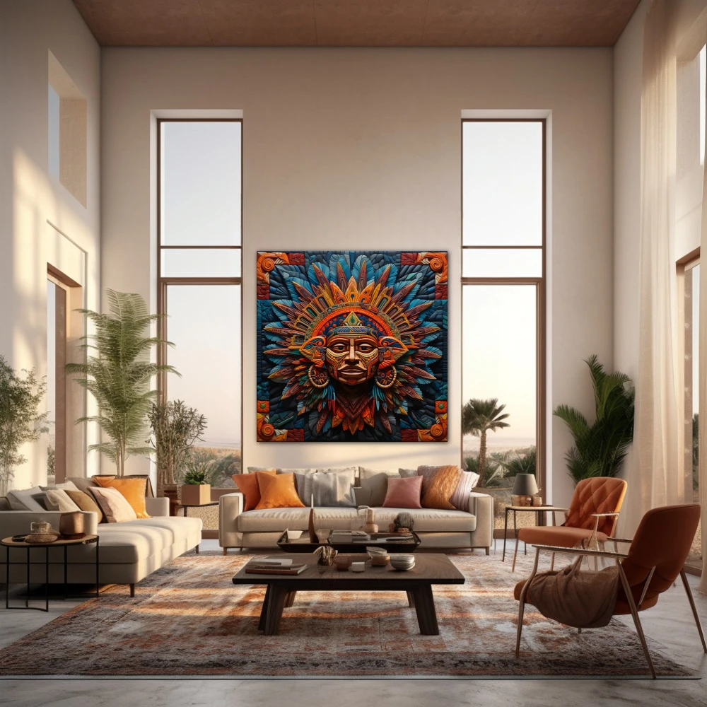 Wall Art titled: Xipe Totec in a Square format with: Blue, Purple, and Orange Colors; Decoration the Living Room wall