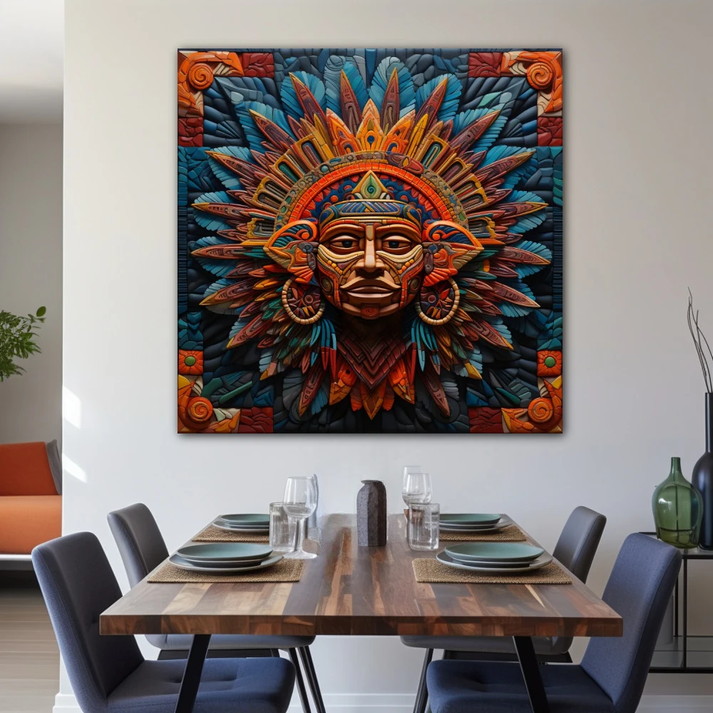 Wall Art titled: Xipe Totec in a Square format with: Blue, Purple, and Orange Colors; Decoration the Living Room wall