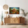 Wall Art titled: Chichen Itza in a Horizontal format with: Sky blue, Brown, and Green Colors; Decoration the Sideboard wall