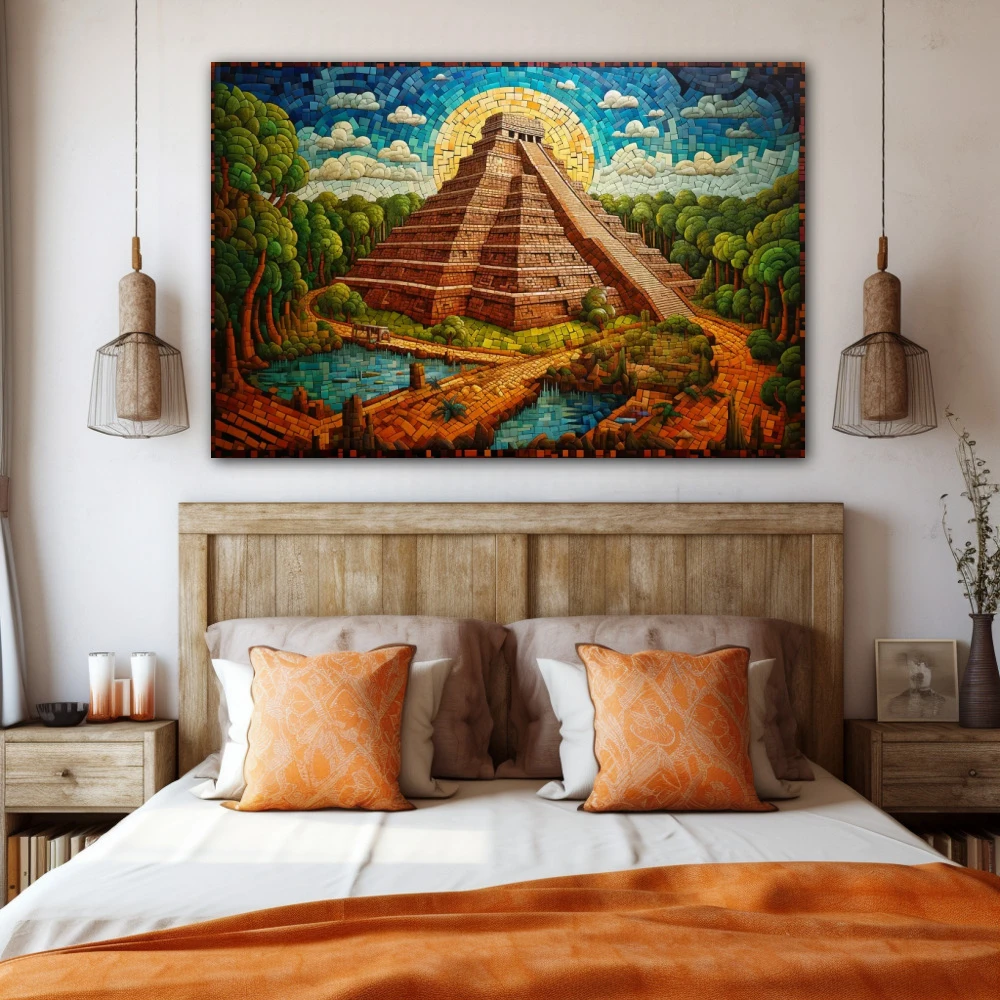 Wall Art titled: Chichen Itza in a Horizontal format with: Sky blue, Brown, and Green Colors; Decoration the Bedroom wall