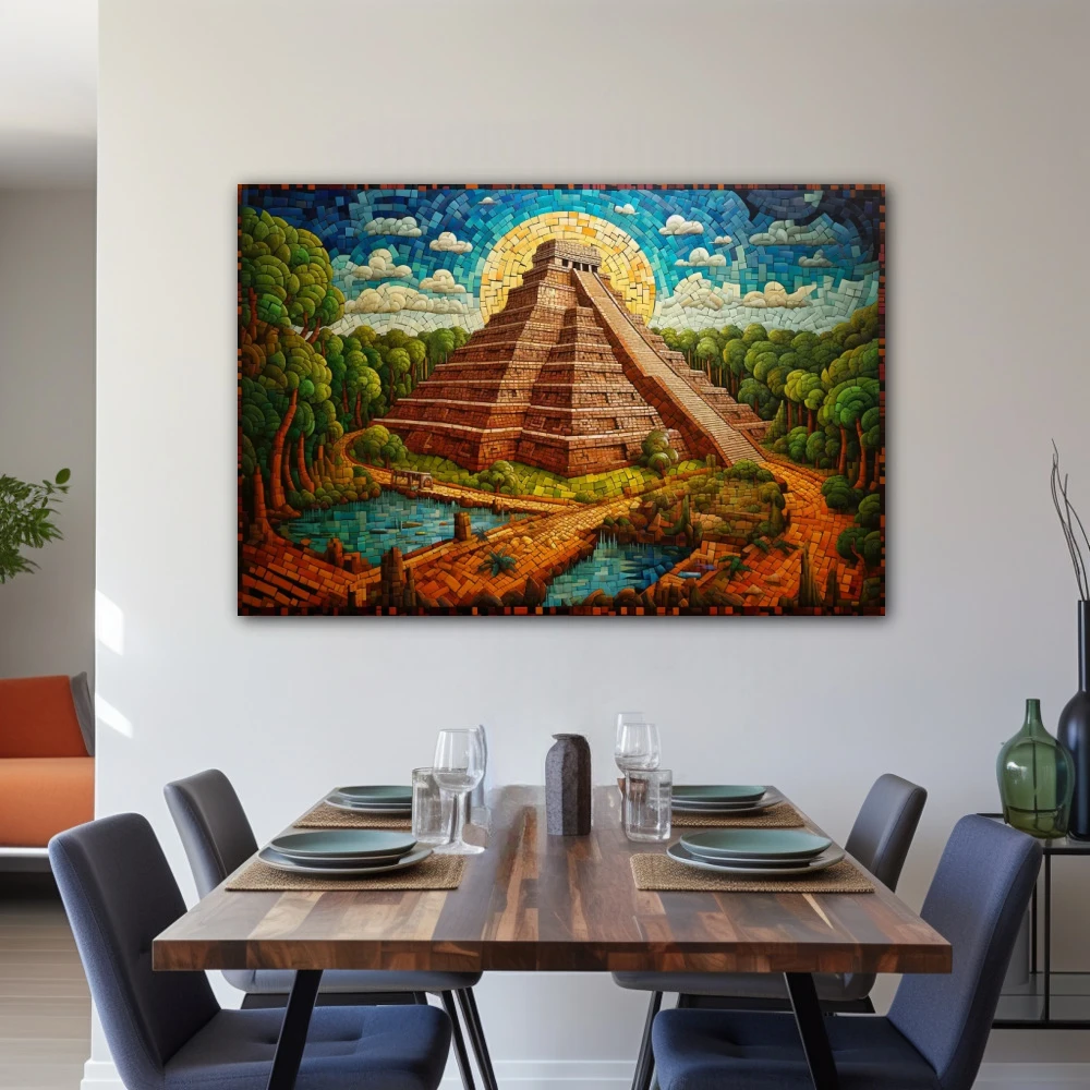 Wall Art titled: Chichen Itza in a Horizontal format with: Sky blue, Brown, and Green Colors; Decoration the Living Room wall