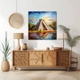Wall Art titled: The Reflection of Chichen Itza in a Square format with: Blue, Brown, and Green Colors; Decoration the Sideboard wall