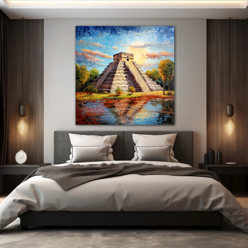 Wall Art titled: The Reflection of Chichen Itza in a Square format with: Blue, Brown, and Green Colors; Decoration the Bedroom wall