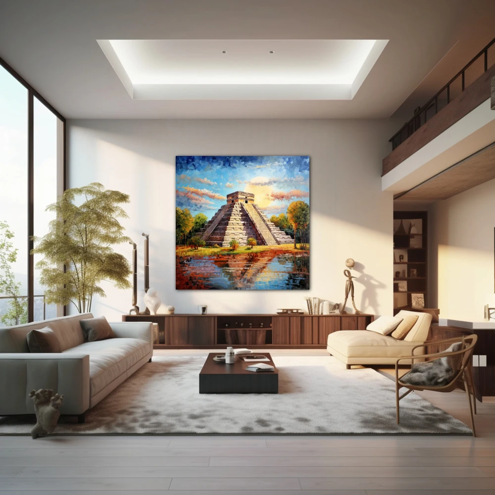 Wall Art titled: The Reflection of Chichen Itza in a Square format with: Blue, Brown, and Green Colors; Decoration the Living Room wall
