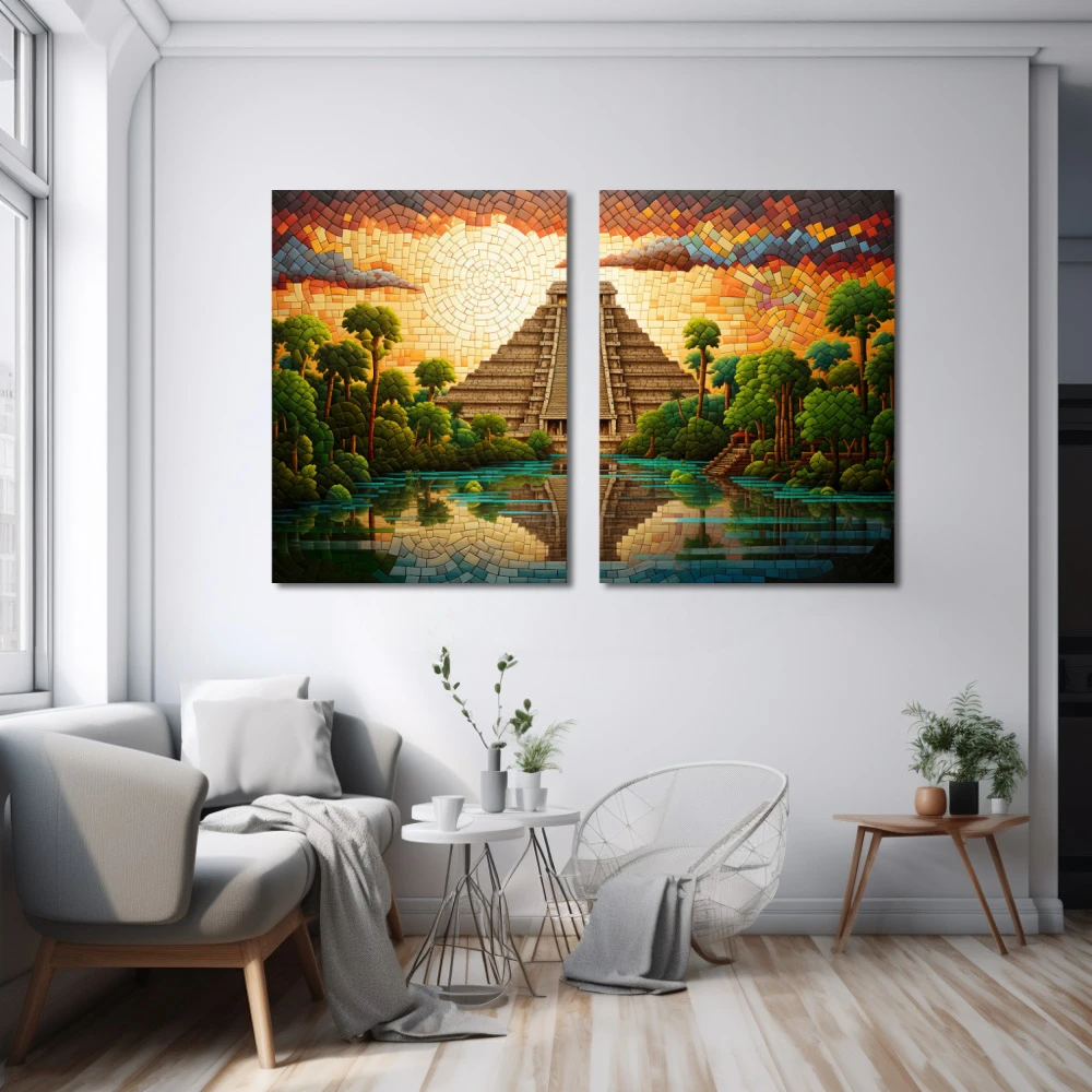 Wall Art titled: Sunset in Chichen Itza in a Horizontal format with: Yellow, Brown, and Green Colors; Decoration the White Wall wall