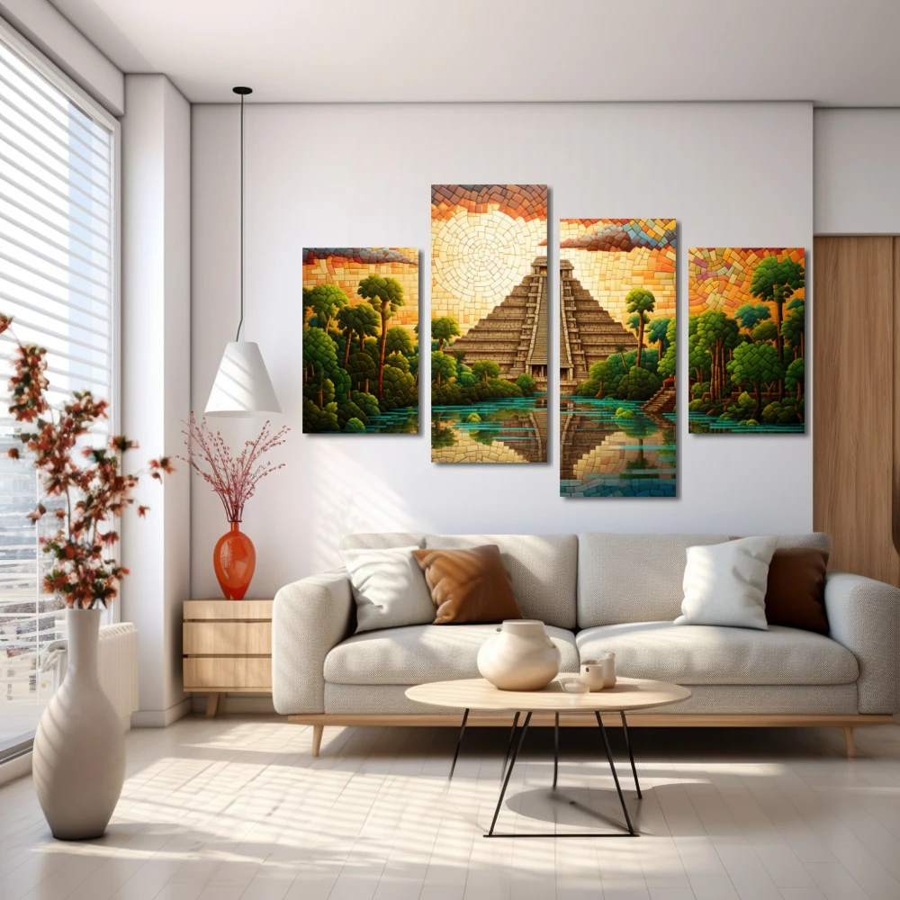 Wall Art titled: Sunset in Chichen Itza in a Horizontal format with: Yellow, Brown, and Green Colors; Decoration the White Wall wall