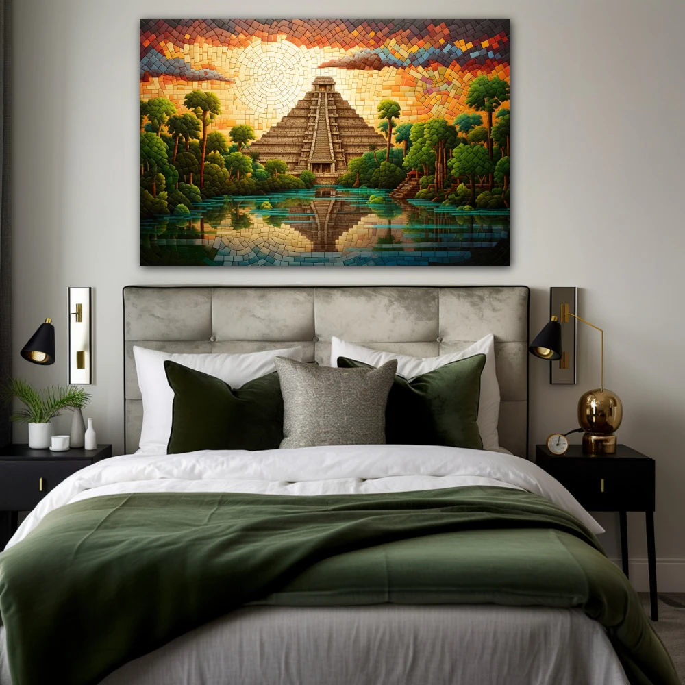 Cuadro atardecer en chichen itza en formato horizontal con colores amarillo, marrón, verde; decorando pared de habitación dormitorio